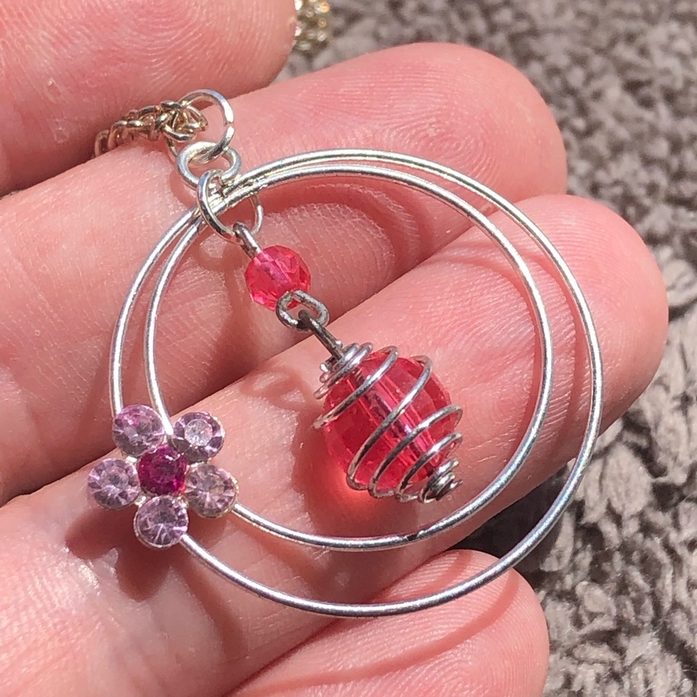 Wire wrapped beaded sphere pendant on chain necklace